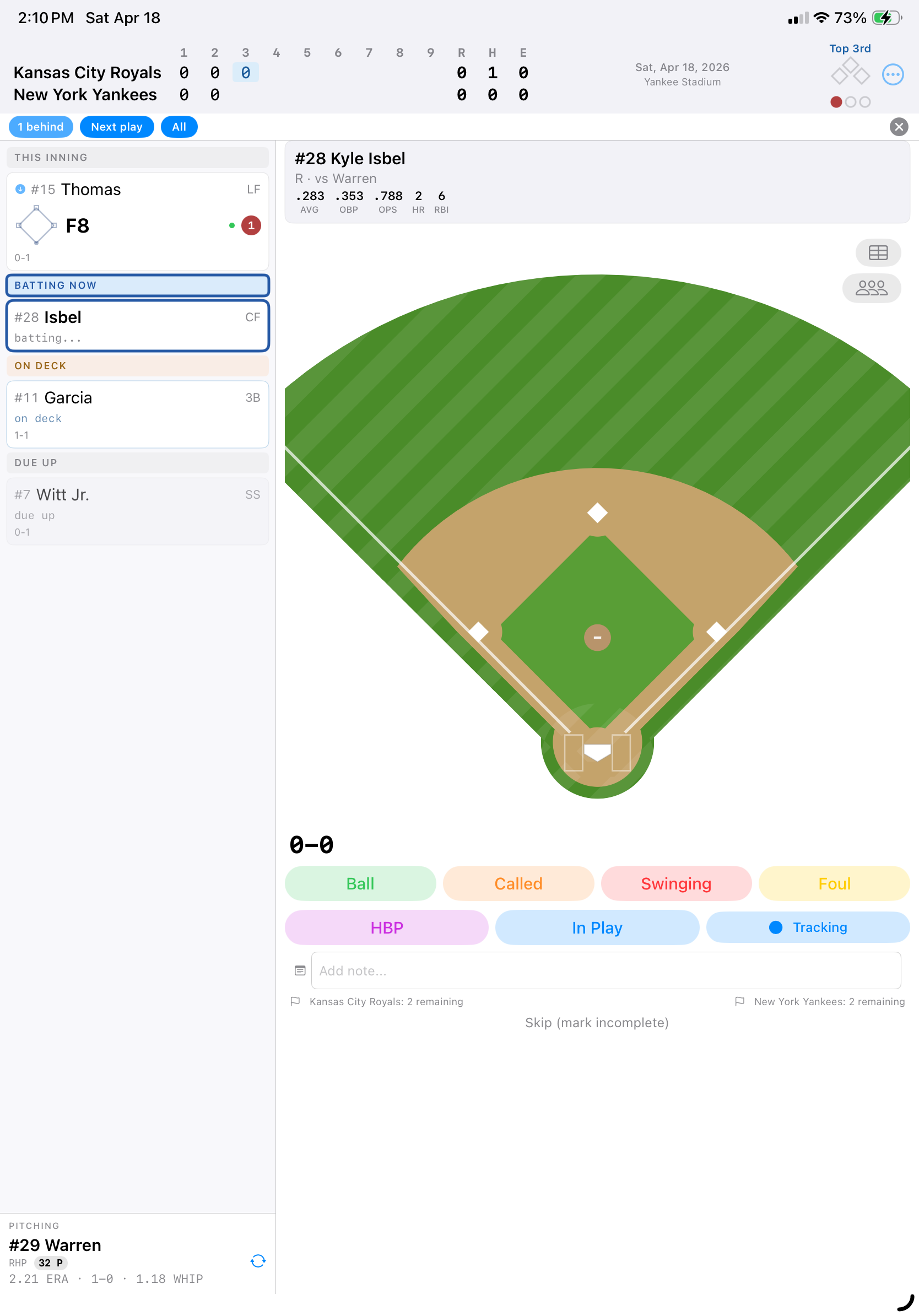 Scoring view showing auto-filled at-bat with blue arrow indicator and Rewind/Next play/All toolbar